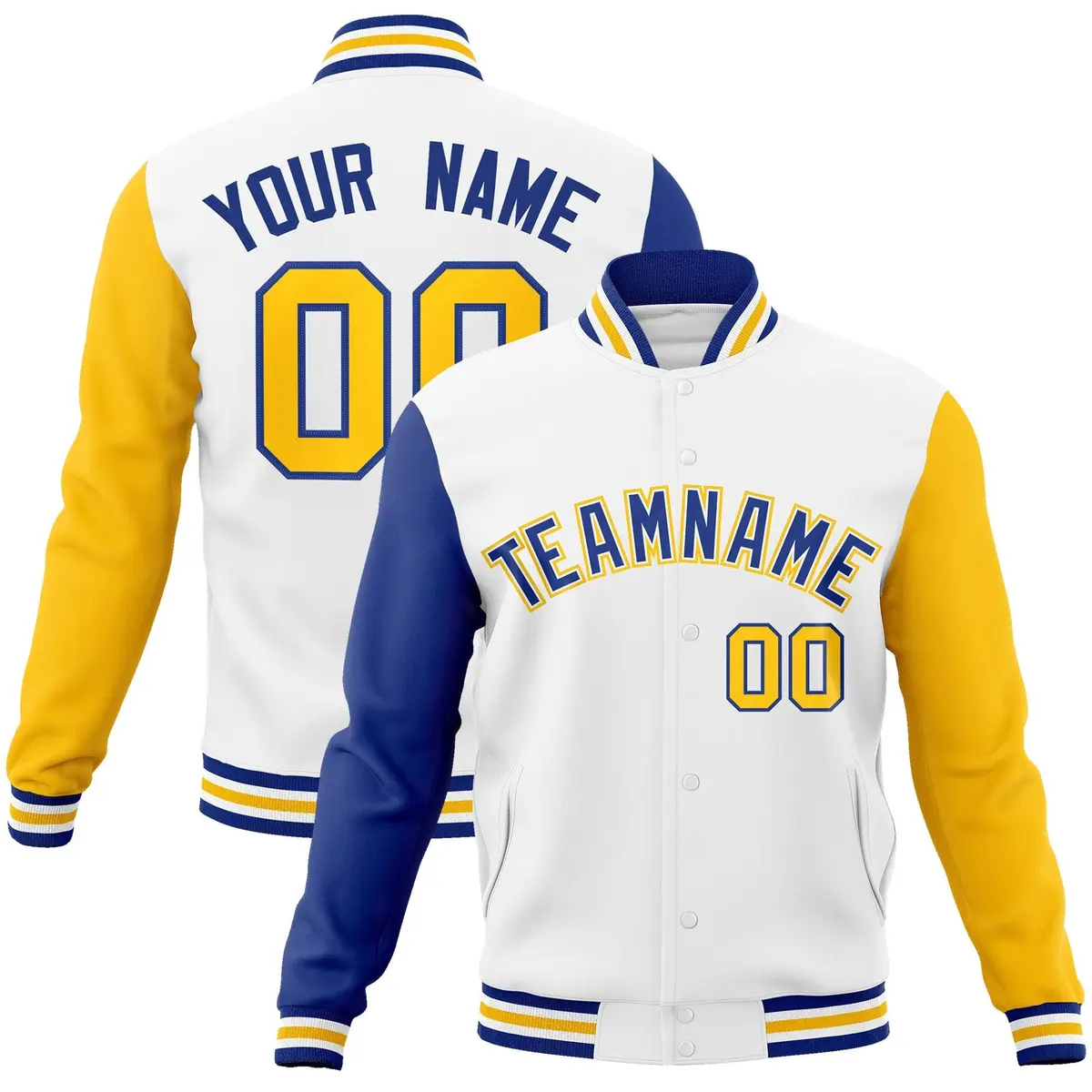 White Royal-White Raglan Varsity Full-Snap Letterman Jacket