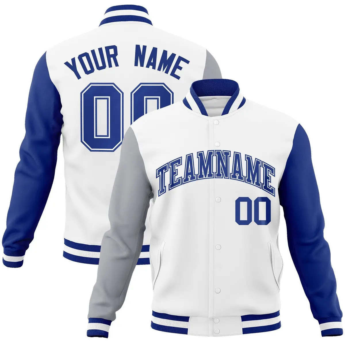 White Royal-White Raglan Varsity Full-Snap Letterman Jacket