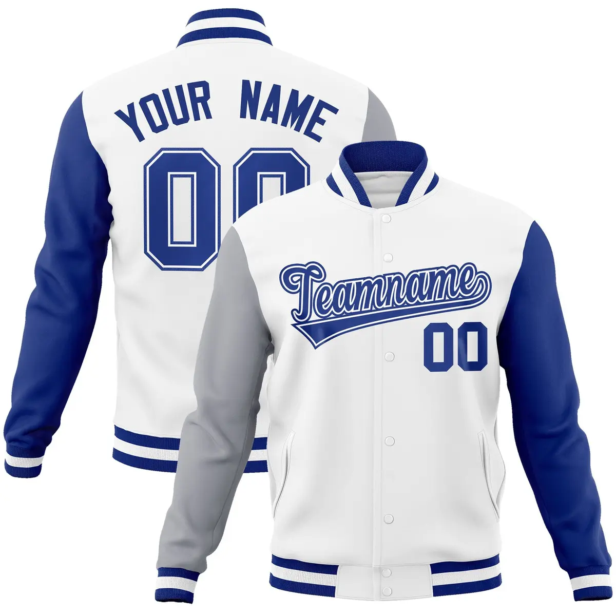 White Royal-White Raglan Varsity Full-Snap Letterman Jacket