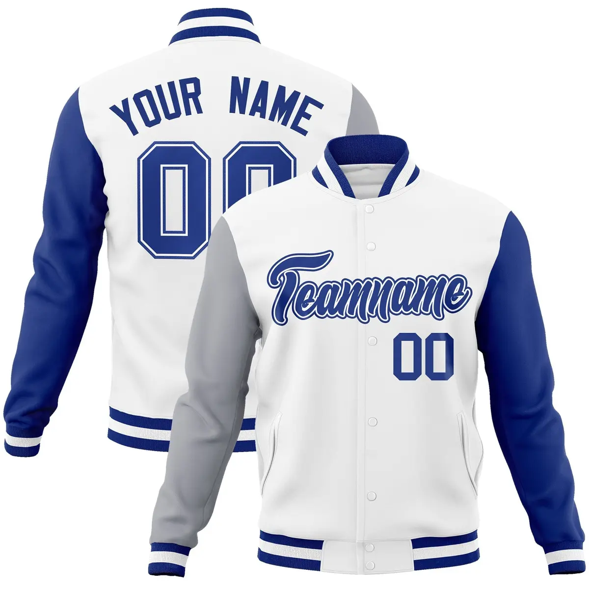 White Royal-White Raglan Varsity Full-Snap Letterman Jacket