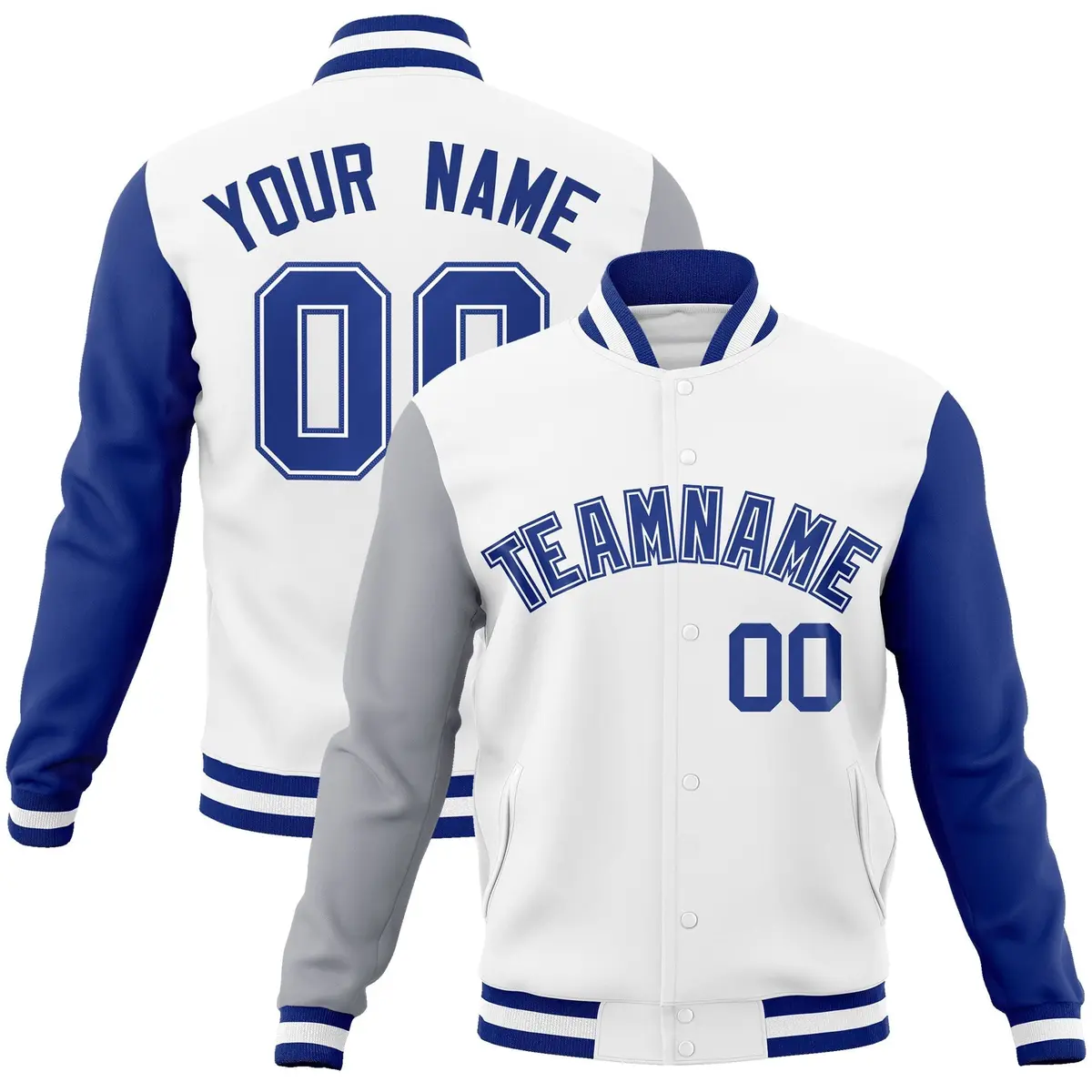 White Royal-White Raglan Varsity Full-Snap Letterman Jacket