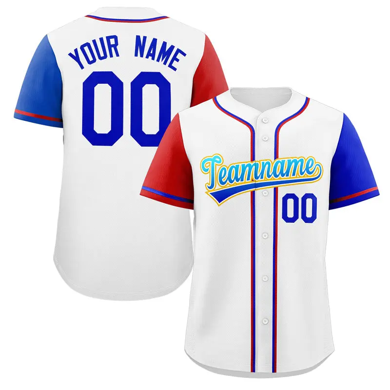 White Royal-Yellow Raglan Sleeves Baseball Jersey