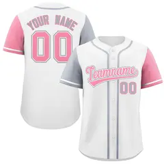White Silver and Light Pink Raglan Sleeves Baseball Jersey