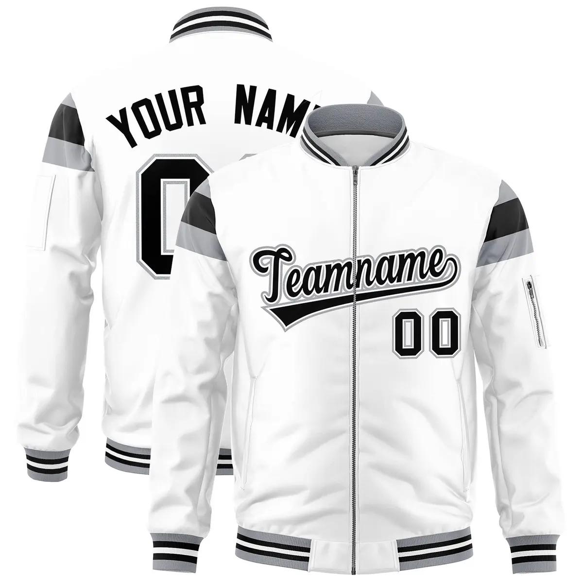 White Silver-Black Full-Zip Shoulder Color Block Letterman Bomber Jacket