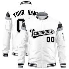 White Silver-Black Full-Zip Shoulder Color Block Letterman Bomber Jacket