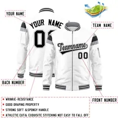 White Silver-Black Full-Zip Shoulder Color Block Letterman Bomber Jacket 2