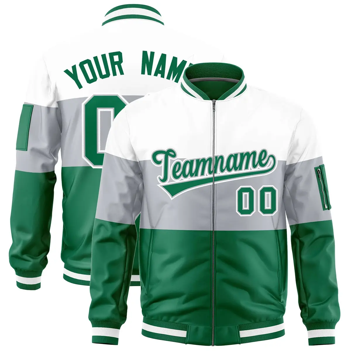 White Silver-Kelly Green Varsity Color Block Full-Zip Letterman Bomber Jacket