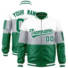 White Silver-Kelly Green Varsity Color Block Full-Zip Letterman Bomber Jacket
