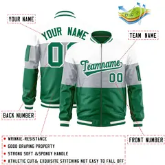 White Silver-Kelly Green Varsity Color Block Full-Zip Letterman Bomber Jacket 2