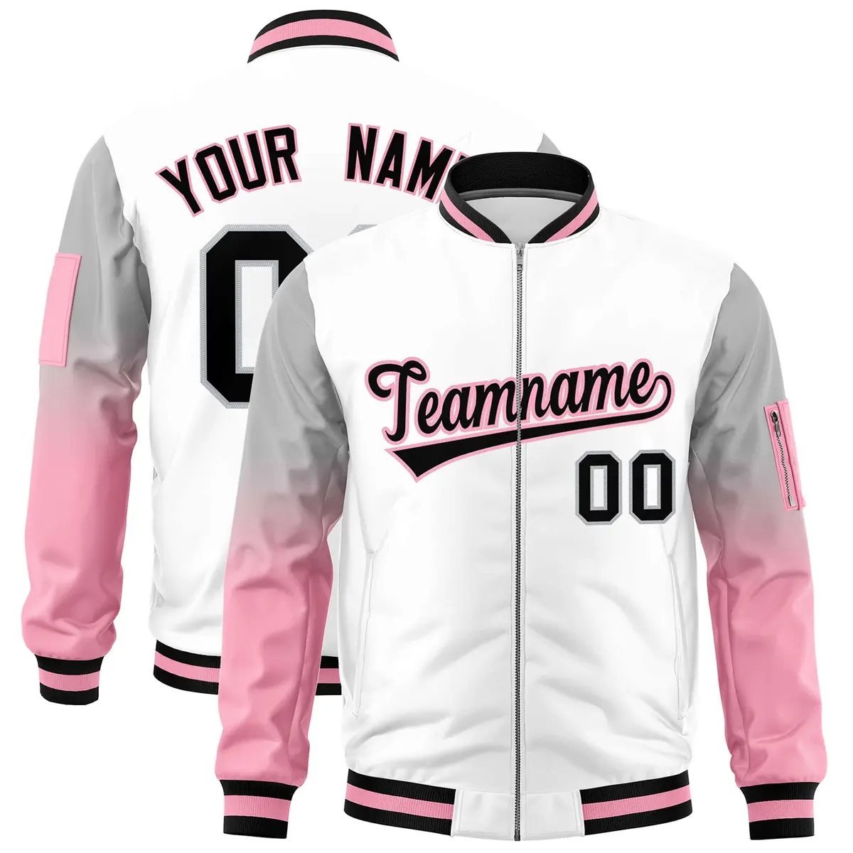 White Silver-Light Pink Gradient Raglan Varsity Full-Zip Letterman Bomber Jacket