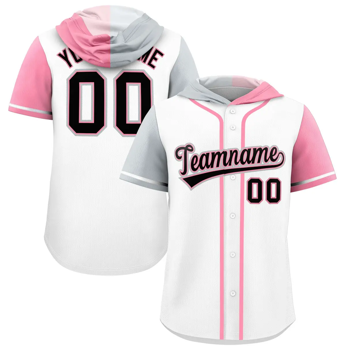 White Silver Light Pink Split Raglan Baseball Hoodie Jersey