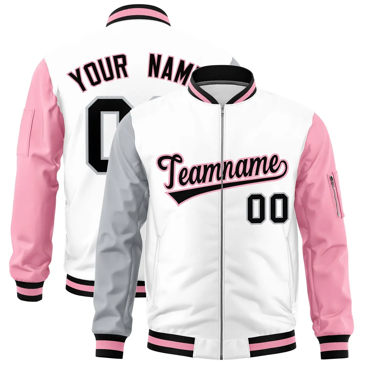 White Silver Light Pink Varsity Letterman Bomber Jacket Full-Zip Raglan