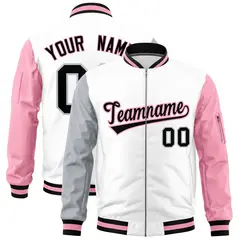 White Silver Light Pink Varsity Letterman Bomber Jacket Full-Zip Raglan 1