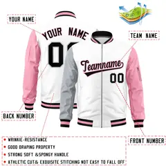 White Silver Light Pink Varsity Letterman Bomber Jacket Full-Zip Raglan 2