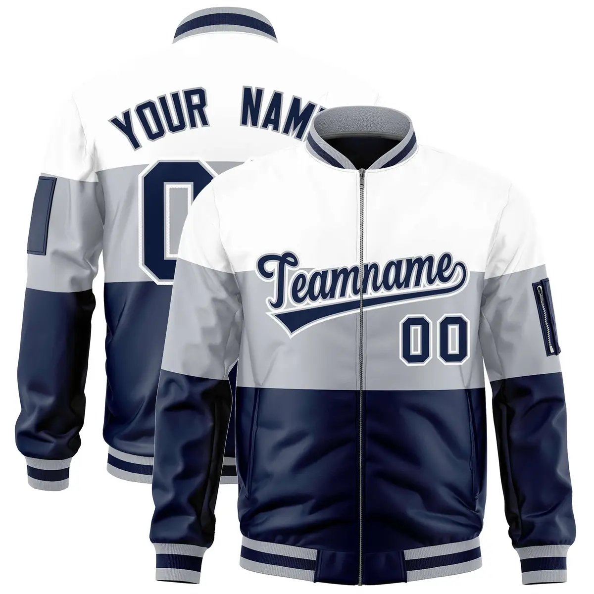 White Silver-Navy Color Block Full-Zip Varsity Letterman Bomber Jacket