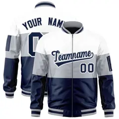 White Silver-Navy Color Block Full-Zip Varsity Letterman Bomber Jacket