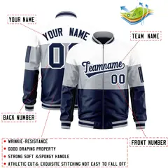 White Silver-Navy Color Block Full-Zip Varsity Letterman Bomber Jacket 2