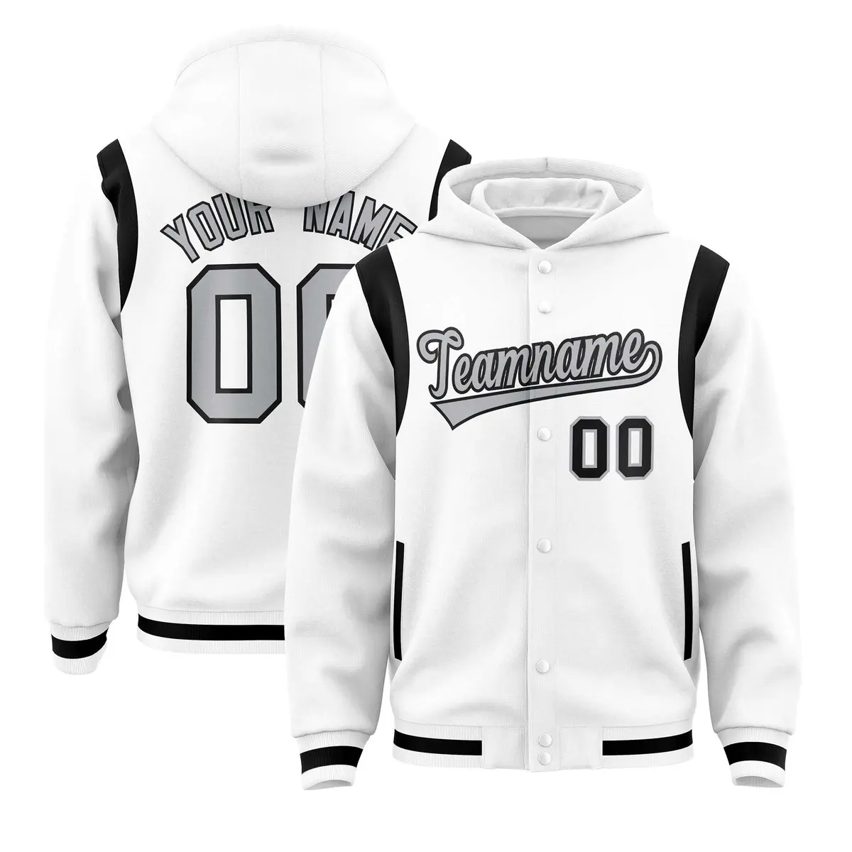 White Silver Varsity Letterman Shoulder Color Block Hoodie Jacket