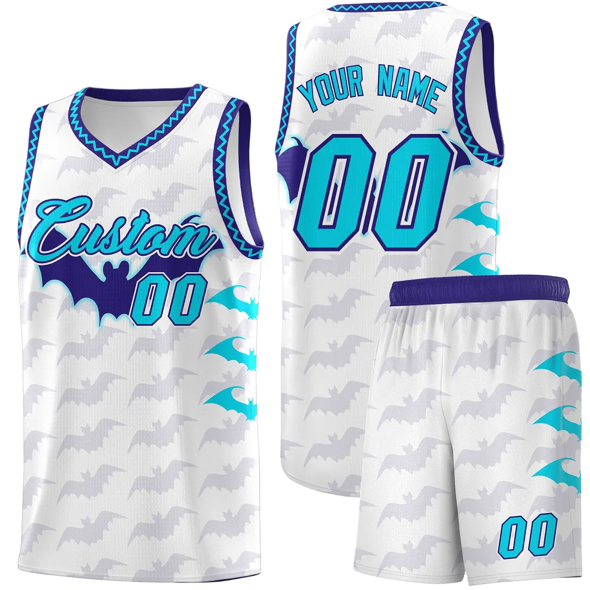 White Sky Blue Bat Pattern Halloween Basketball Jersey