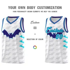 White Sky Blue Bat Pattern Halloween Basketball Jersey 3