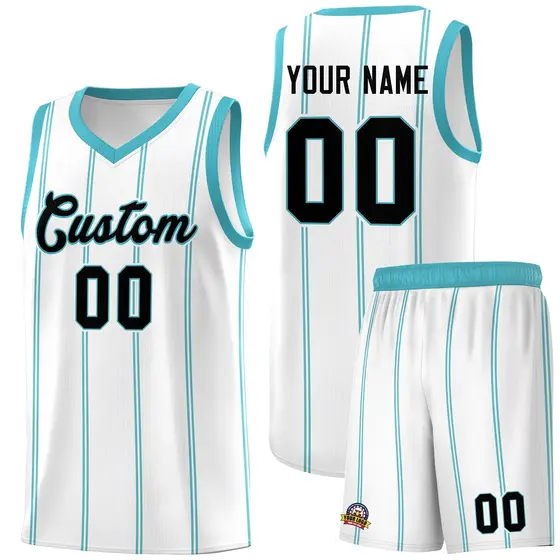 White Sky Blue Black Vertical Stripes Basketball Jersey Set