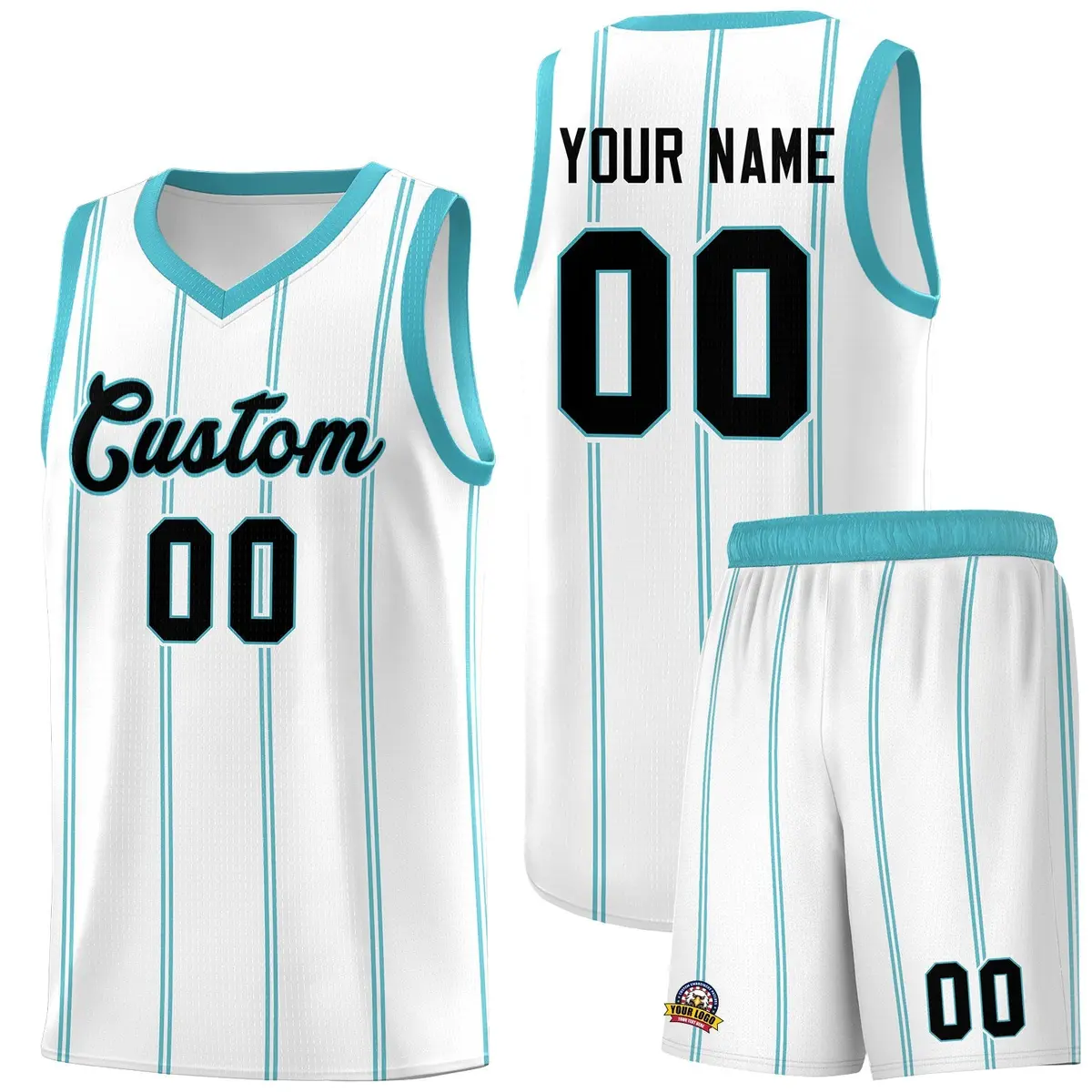 White Sky Blue Black Vertical Stripes Basketball Jersey Set