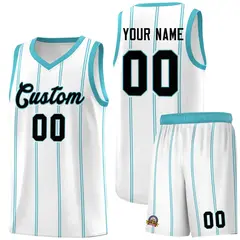 White Sky Blue Black Vertical Stripes Basketball Jersey Set 1