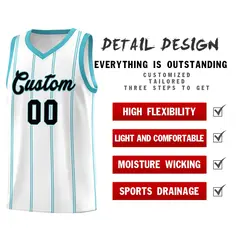 White Sky Blue Black Vertical Stripes Basketball Jersey Set 2