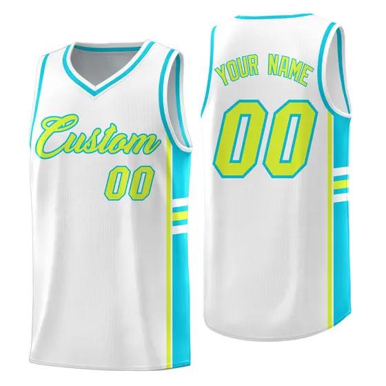 White Sky Blue Classic Color Block Varsity Basketball Jersey