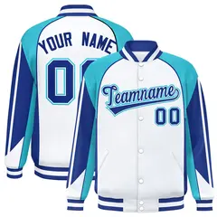 White Sky Blue Color Block Varsity Raglan Letterman Jacket