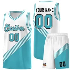 White Sky Blue Diagonal Stripes Color Block Basketball Jersey 1