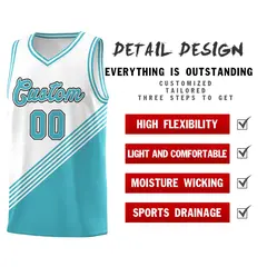 White Sky Blue Diagonal Stripes Color Block Basketball Jersey 2