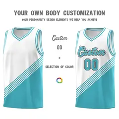 White Sky Blue Diagonal Stripes Color Block Basketball Jersey 3