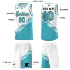 White Sky Blue Diagonal Stripes Color Block Basketball Jersey 5