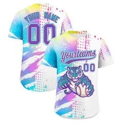 White Sky Blue Full-Snap Tiger Graffiti Baseball Jersey