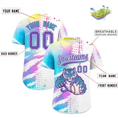 White Sky Blue Full-Snap Tiger Graffiti Baseball Jersey 2