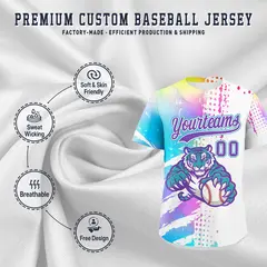 White Sky Blue Full-Snap Tiger Graffiti Baseball Jersey 3