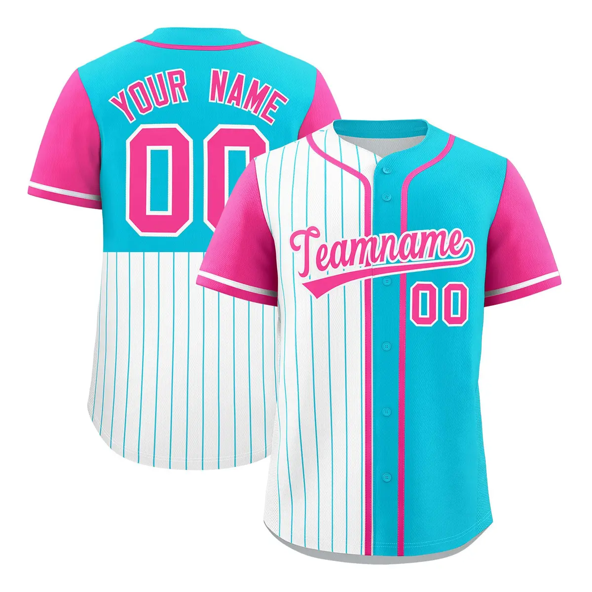 White Sky Blue Pink Pinstripe Raglan Baseball Jersey
