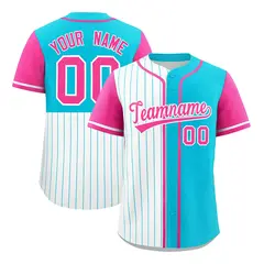 White Sky Blue Pink Pinstripe Raglan Baseball Jersey
