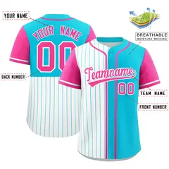White Sky Blue Pink Pinstripe Raglan Baseball Jersey 2