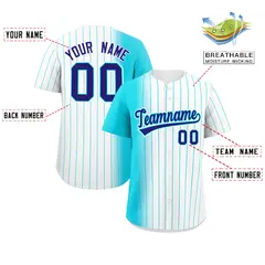 White Sky Blue Pinstripe Gradient Baseball Jersey 2