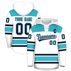 White Sky Blue Raglan Lace-Up Neck Hockey Hoodie Jersey