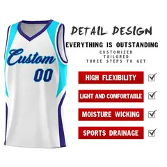 White Sky Blue Royal Color Block Basketball Jersey 2
