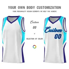 White Sky Blue Royal Color Block Basketball Jersey 3