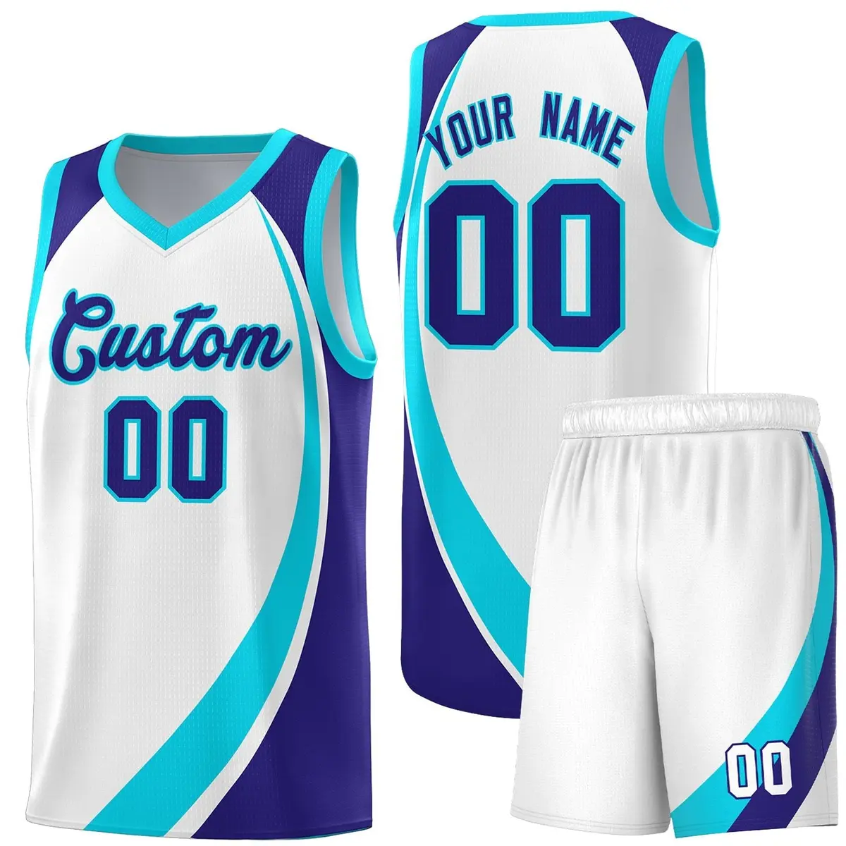 White Sky Blue-Violet Color Block Basketball Jersey