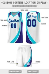 White Sky Blue-Violet Color Block Basketball Jersey 2