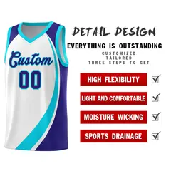 White Sky Blue-Violet Color Block Basketball Jersey 4