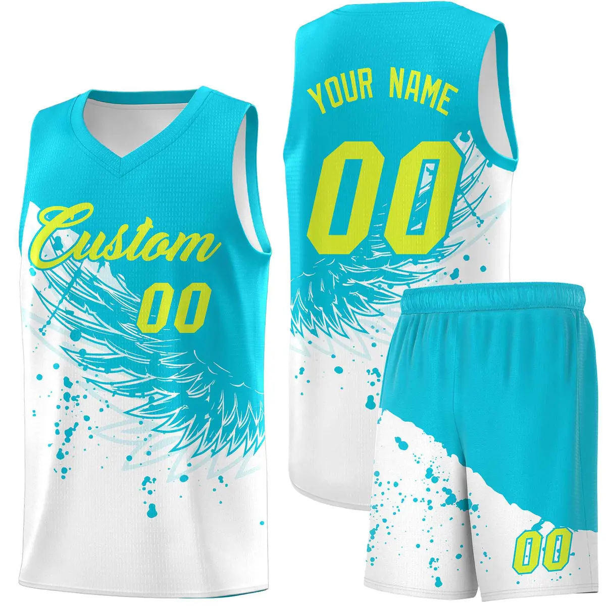White Sky Blue Wing Pattern Basketball Sports Uniform Jersey