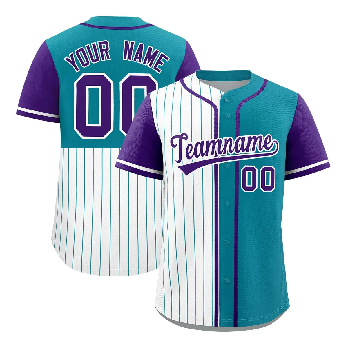 White Teal and Purple Pinstripe Raglan Baseball Jersey
