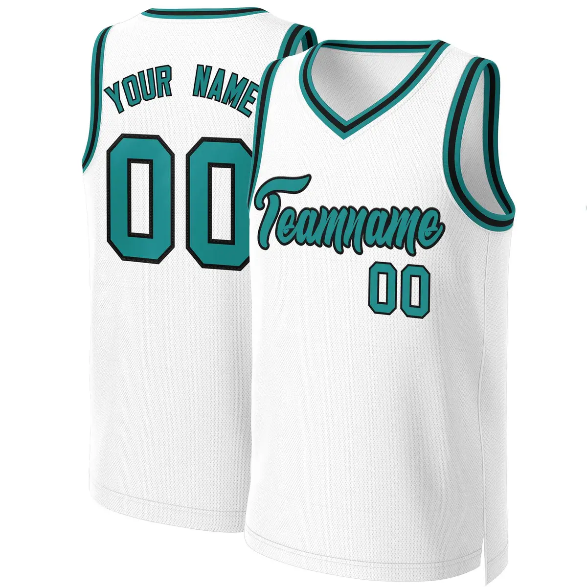 White Teal-Black Classic Basketball Jersey